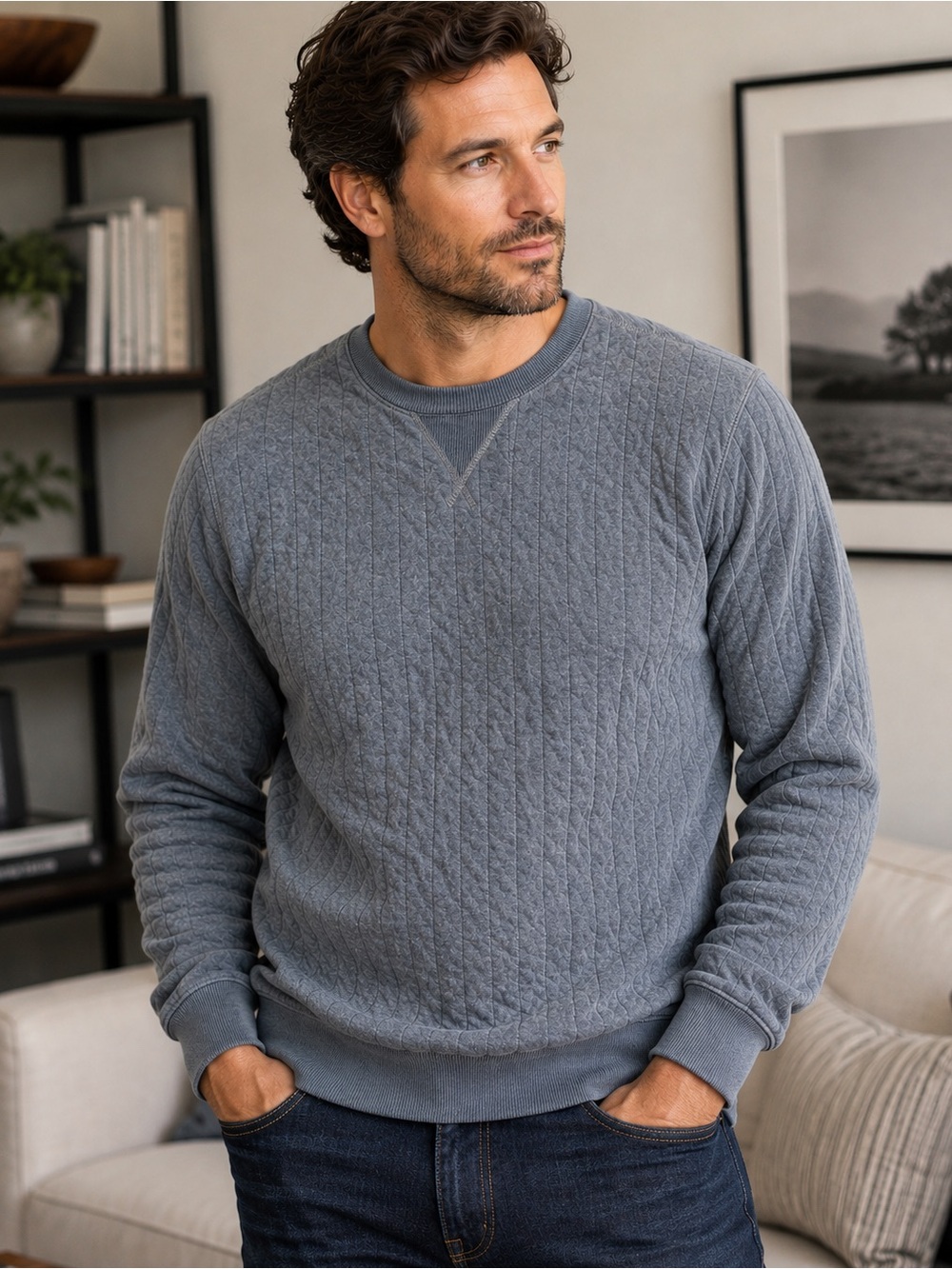 Todd Snyder Quilted Crewneck Sweatshirt XL Made in Italy 100% Cotton Blue Gray